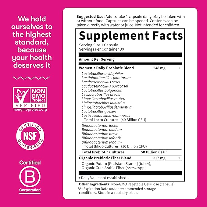 Garden of Life Once Daily Dr. Formulated Probiotics for Women 50 Billion CFU 16 Probiotic Strains with Organic Prebiotics for Digestive Vaginal &amp Immune Health Dairy Free Shelf Stable 30 Capsul