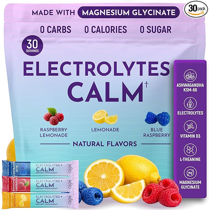 Keto Vitals Calm Magnesium Powder Packets Plus Electrolytes - Calming Drink Mix for Sleep - Natural Magnesium Glycinate Supplement with Ashwagandha KSM 66 L Theanine &amp Vitamin D - 30 Servings