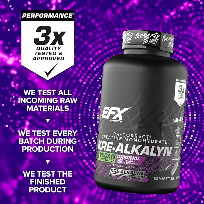 EFX Sports Kre-Alkalyn EFX | pH Correct Creatine Monohydrate Pill Supplement | Vegan Friendly | Strength &amp Muscle Growth | 90 Servings 180 Veggie Capsules (Pack of 2)