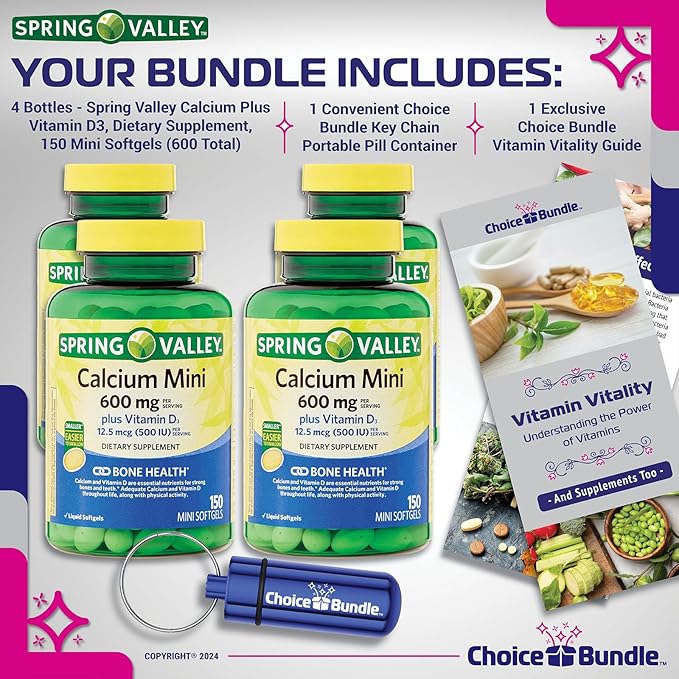 Spring Valley Calcium 600 mg Plus Vitamin D3 12.5 mcg 150 Ct Mini Softgels 4 Pk (600 Total) + “Vitamin Vitality” Guide &amp Pill Container (6 Items)!