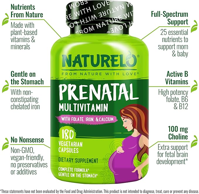 NATURELO Prenatal Multivitamin with Gentle Chelated Iron Methyl Folate Plant Calcium &amp Choline - Vegan Vegetarian - Non-GMO - Gluten Free - 180 Capsules - 4 Month Supply (Pack of 2)