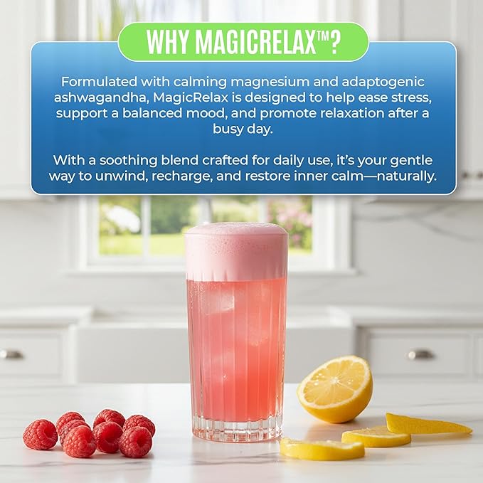 MAGICRELAX Supercalm Sparking Drink Mix Powder 8-in-1 Magnesium KSM-66 Ashwagandha Saffron D3 GABA L-Theanine Supports Healthy Cortisol LevelsMood and Sleep No Sugar Non GMO Raspberry Lemonade Flavor