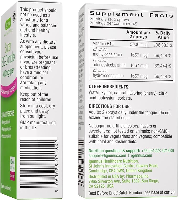 Vegan Omega-3 Algae Oil + Super B12-Complex 5000mcg Vegan Bundle High Concentration DHA &amp EPA + High Strength B12 Cherry Flavor Sublingual Spray by Igennus