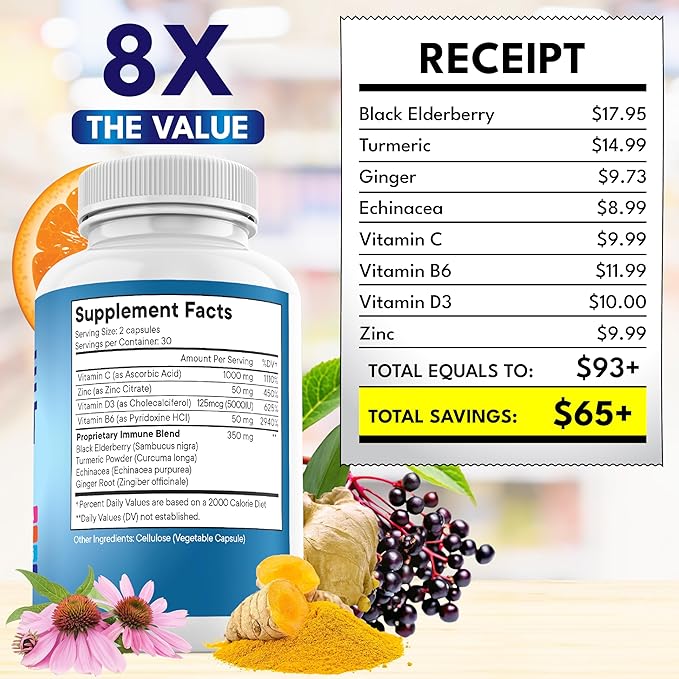 8 in 1 Immune Support Booster Supplement with Echinacea Vitamin C and Zinc 50mg Vitamin D 5000 IU Turmeric Curcumin &amp Ginger B6 Elderberry (8 in 1 Capsules (Pack of 3))