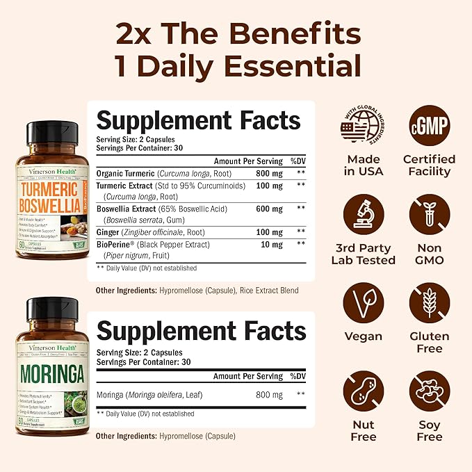 Boswellia Turmeric Curcumin Supplement + Moringa Capsules Bundle – Supports Joint Health Balanced Energy &amp Healthy Metabolism – with Ginger Root Organic Turmeric Powder and 100% Pure Moringa Pow