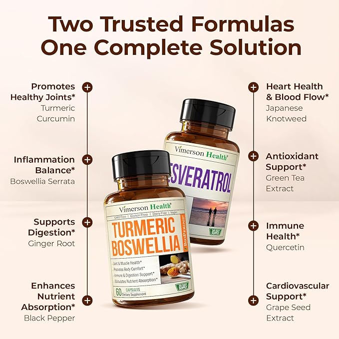 Boswellia Turmeric Curcumin Supplement + Resveratrol Japanese Knotweed Capsules Bundle – for Healthy Aging Joint &amp Cardiovascular Support – with Ginger Root Organic Tumeric Powder Green Tea Ext