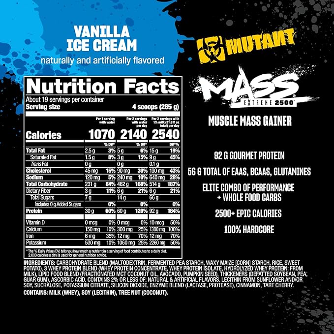 Mutant Mass Extreme 2500 - High Calorie Mass Gainer Whey Protein Powder with Creatine &amp Amino Acids - Muscle Building &amp Weight Gain Supplement for Hard Gainers - Vanilla Ice Cream 12 lbs