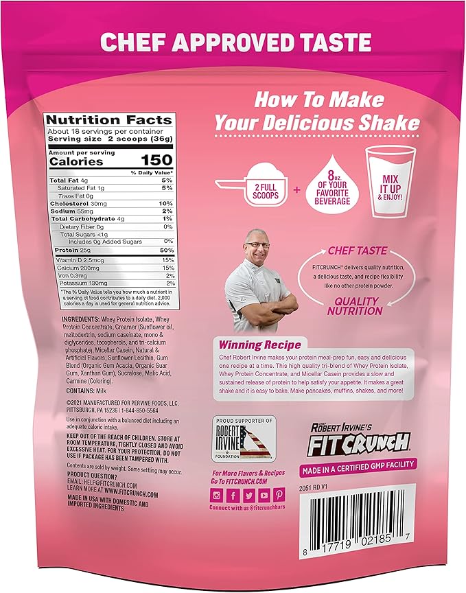 Fit Crunch Tri-Blend Whey Protein Keto Friendly Low Calories High Protein Gluten Free Soy Free (18 Servings Strawberry)