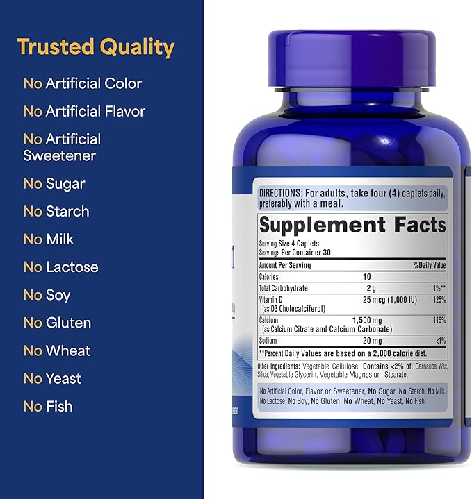 Puritan's Pride Absorbable Calcium 1500 mg Plus Vitamin D3 25mcg 1000 IU Dietary Supplement for Bone Strength Heart Nerve Muscle and Immune Support 120 Coated Caplets