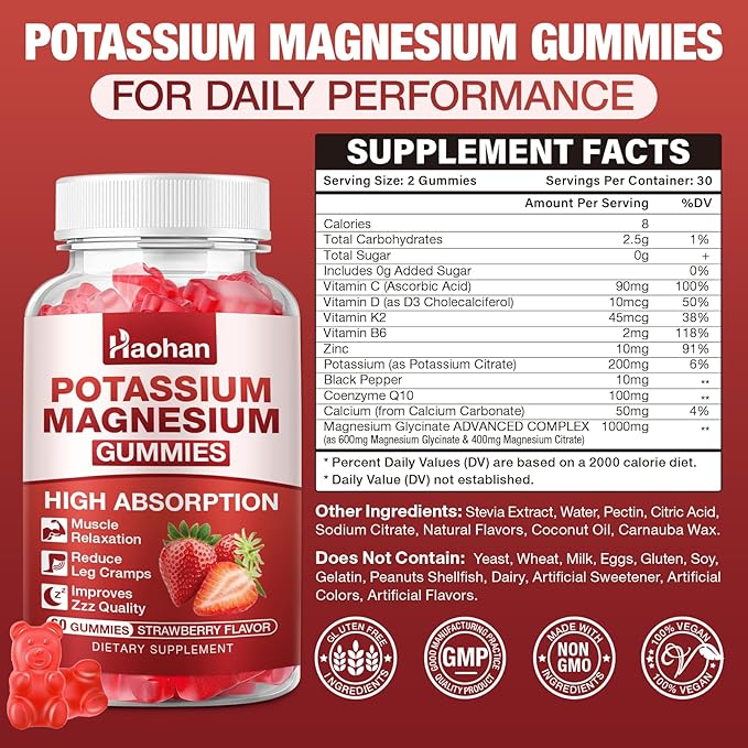 Potassium Magnesium Gummies with Electrolytes &amp Vitamins - Magnesium Glycinate Potassium Citrate Calcium Vitamins B6 D3 &amp K2 for Muscle Function &amp Recovery - Vegan Strawberry 120 Cou