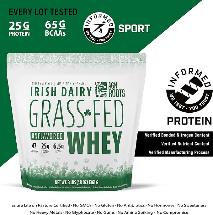 AGN Roots Grass Fed Whey Protein Powder Isolate - Unflavored - Unsweetened - Certified Entire Life On Pasture - A Greener World - ASPCA Registered Brand List - Informed-Sport - 3lbs