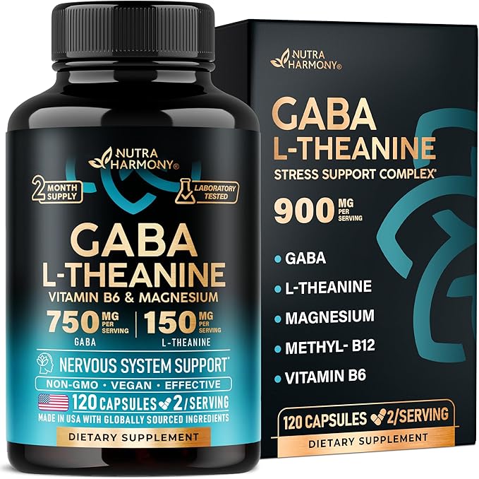 GABA L-Theanine 900 mg - Made in USA - Magnesium | Vitamin B6 - Calm Sleep Relaxation &amp Mood Support - 750 mg Gamma AminoButyric Acid 150 mg L-Theanine - Non-Habit Forming Vegan - 120 Capsules