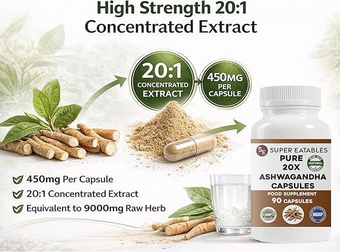 Ashwagandha 450mg – 90 Vegan Capsules (45-Day Supply) – High-Strength 20:1 Withania Somnifera Root Extract Adaptogenic Herb Non-GMO Additive-Free Easy to Swallow