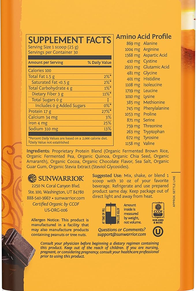 Sunwarrior - Classic Plus Vegan Protein Powder with Peas &amp Brown Rice Raw Organic Plant Based Protein Chocolate 30 Servings