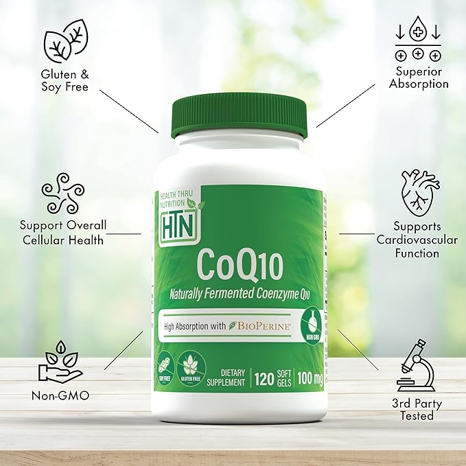 Health Thru Nutrition CoQ-10 100mg with BioPerine (Pack of 3X 120 Softgels) | High Absorption Naturally Fermented USP Grade Coenzyme Q10 | 3rd Party Tested | Heart Health and Energy Support