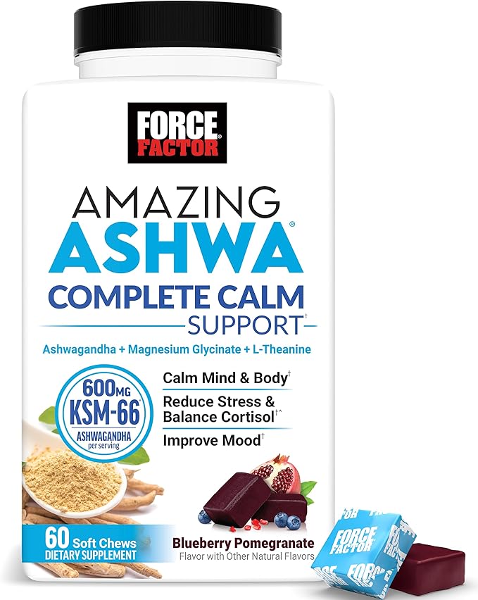 Force Factor Amazing Ashwa Complete Calm Support with KSM-66 Ashwagandha Like Ashwangandha Gummies to Promote Calm &amp Relaxation with Magnesium &amp L-Theanine Blueberry Pomegranate 60 Soft Che