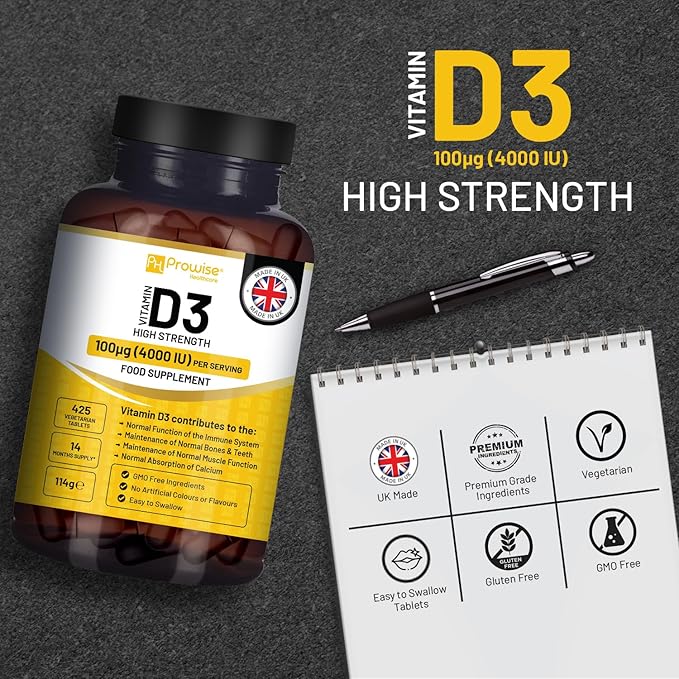 Vitamin D3 4000IU High Strength I 425 Vegetarian Tablets (14 Months Supply) I Easy Swallow Vitamin D3 Supplement for Immune Support Calcium Boost Bone &amp Muscle I Made in the UK by Prowise Health