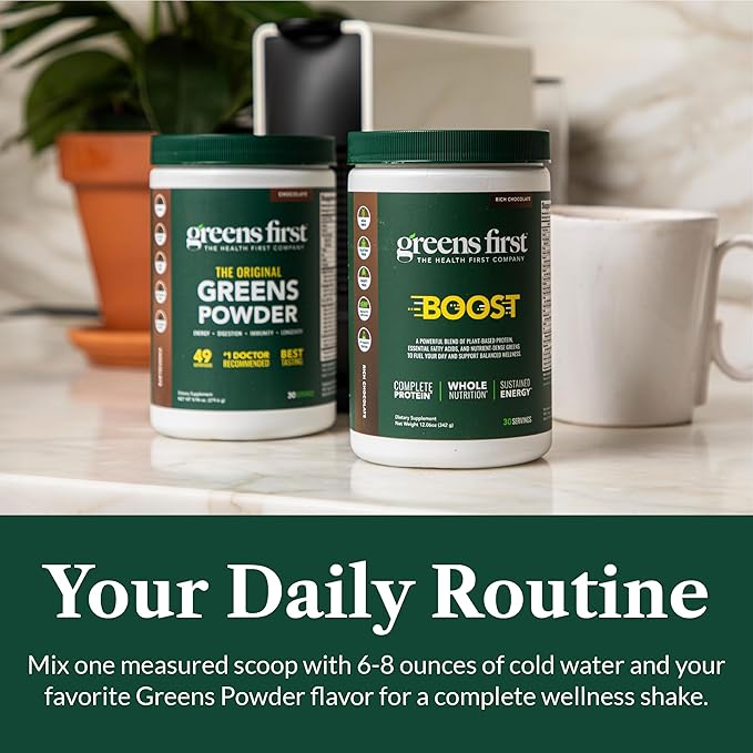 Greens First Boost - Plant-Based Protein &amp Balanced Nutrition - Superfood Shake Mix - No Wheat or Soy - Dairy-Free - Vegan - Dutch Chocolate 12.28 oz.
