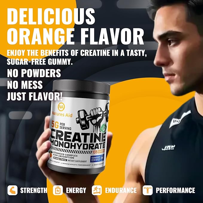 Natures Aid NSF Certified Creatine Gummy 5g - Creatine Monohydrate Gummies – Pre-Workout Energy &amp Muscle Growth Support for Men &amp Women | Orange Electrolyte Gummies (135 Count)