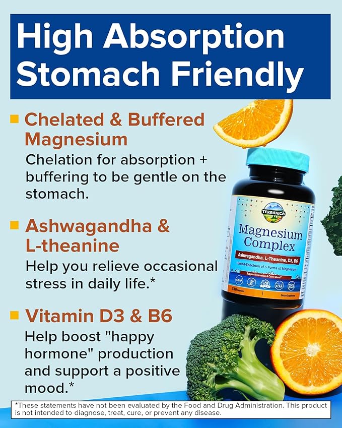 Terranics Magnesium Complex Supplement with Glycinate Citrate Taurate &amp Malate | Supports Nerve &amp Mood Health | Includes Ashwagandha L-Theanine Vitamin D3 &amp B6 | 240 Capsules | Non-GMO