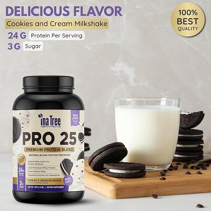Pro 25 Premium Protein Blend Ultra-Pure Whey Protein Powder with Natural BCAAS for Fast Recovery Digestive Enzymes for Absorption Low Sugar Cookies and Cream Milkshake (2lb)