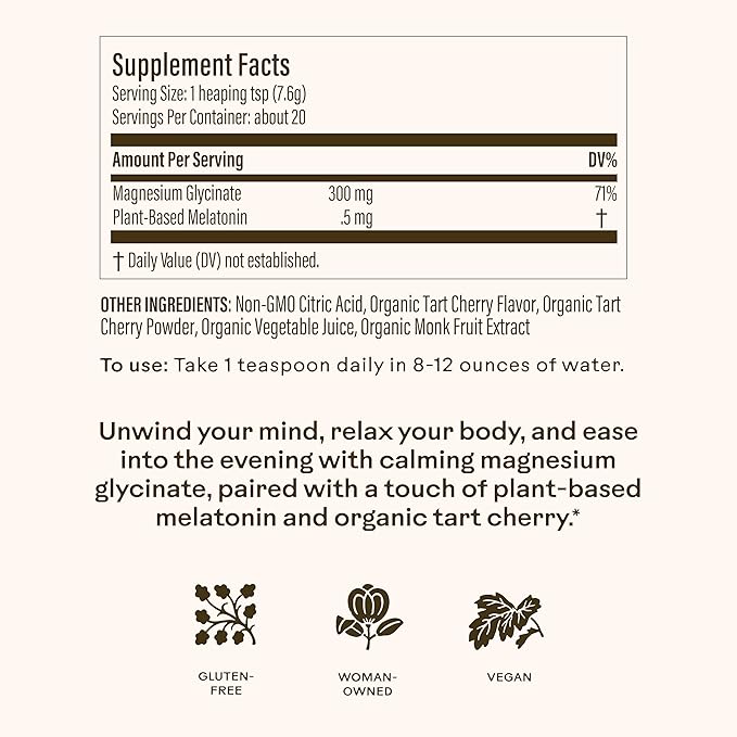 Wooden Spoon Herbs Magic Magnesium Glycinate Powder Drink Mix (Tart Cherry) | 300mg Magnesium 0.5mg Plant-Based Melatonin | Calming Nighttime Supplement | Easy Mix Sleep Support Powder Vegan | 3.7oz