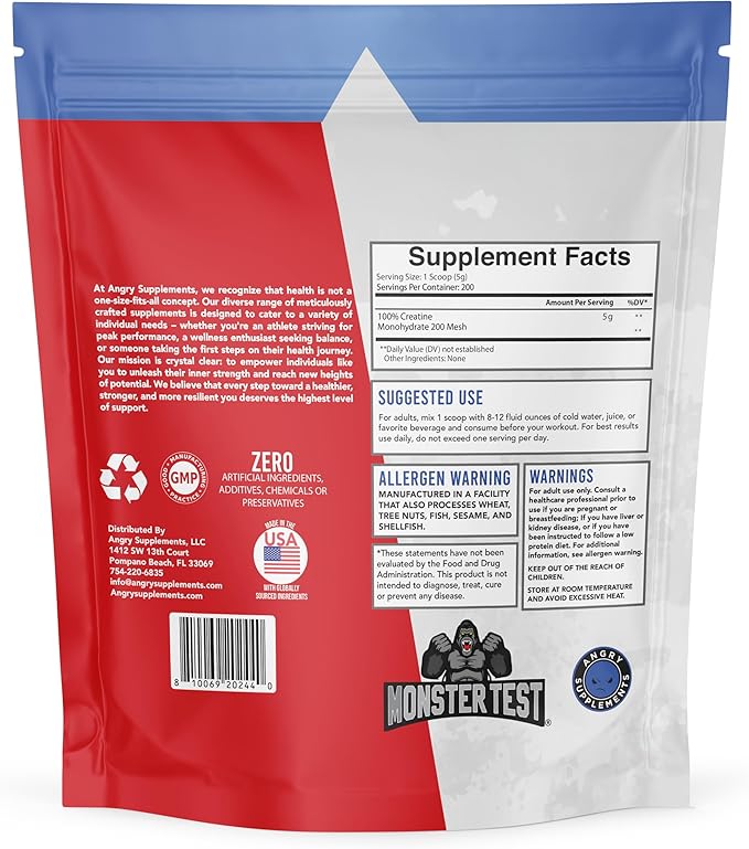 Angry Supplements Creatine Monohydrate 200 Mesh Premium Performance Unflavored Powder - Pure Muscle Fuel for Strength and Workout Endurance for Men and Women (1 Kilo 200 Servings)