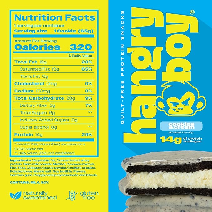 Hangryboy Protein Cookie Sandwich – 14g High Protein Gluten‑Free GMO‑Free Cookies - Perfect on The Go Protein Snack Cookies and Cream 12‑Count Box