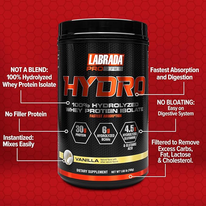 LABRADA Hydro 100% Pure Hydrolyzed Whey Protein Isolate Powder Lactose Free 6g BCAA’s 4.5g Glutamine Fastest Digesting Whey Available Instant Mixing Delicious Taste 20 Servings (Vanilla)