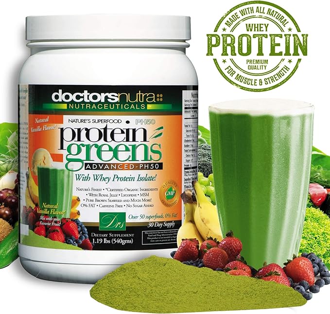 PH50 Whey Protein Greens Drink with Certified Organic Ingredients 1.19 Pounds (540 Grams) 50 Superfoods with Digestive Enzymes Natural Vanilla Flavor