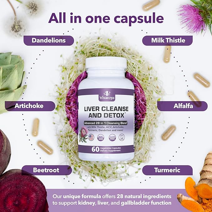 Liver Cleanse Detox &amp Repair Fatty Liver Supplements 28-in-1 Advanced Herbal Liver Health Supplement Formula - Milk Thistle Silymarin Artichoke Extract Dandelion &amp Apple Cider Vinegar - 60 P