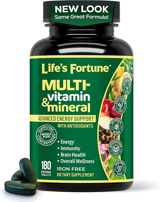 Life's Fortune Whole Food Multivitamin &amp Mineral Supplement for Men &amp Women – Energy Support Vitamins for Immune Brain &amp Metabolism Support – Iron Free 180 Vegetarian Tablets