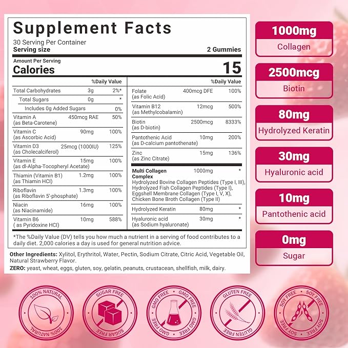 Collagen Gummies for Women - Sugar-Free Hydrolyzed Collagen Gummy with Biotin Hyaluronic Acid &amp MultiVitamins Type I II III V &amp X Collagen Peptides - Promote Skin/Hair/Nail/Bones 60 Cts