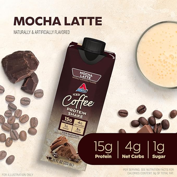 Atkins Dark Chocolate Royale Protein Shake &amp Mocha Latte Iced Coffee Protein Shake 15g Protein Low Glycemic 4g Net Carb 1g Sugar Keto Friendly.