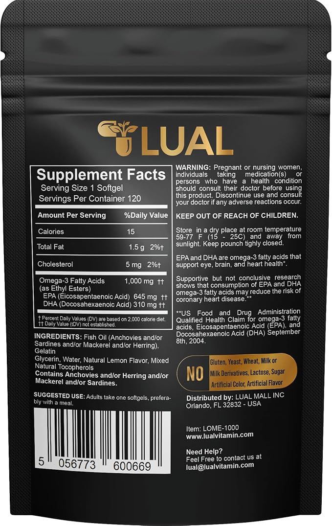 LUAL Omega-3 Fish Oil Softgels – 1000mg with EPA and DHA Lemon Flavor Burpless Non-GMO Formula for Heart Brain and Overall Wellness – 120 Count