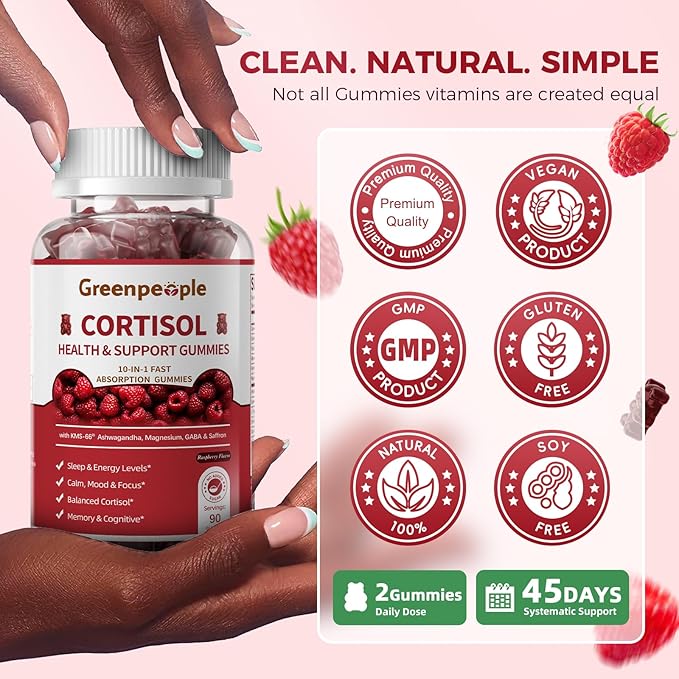 GREENPEOPLE Cortisol Supplements for Women &amp Men - Cortisol Reducer Detox Manager w/KSM-66 Ashwagandha/Magnesium/L-theanine/GABA/Vitamin B6 for Mood/Sleep/Stress Relief 90 CT Raspberry Flavor Gumm
