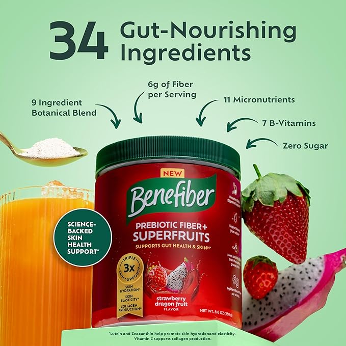 Benefiber Prebiotic Fiber + Superfruits Dietary Supplement Strawberry Dragon Fruit Flavor 8.8 oz (250g)