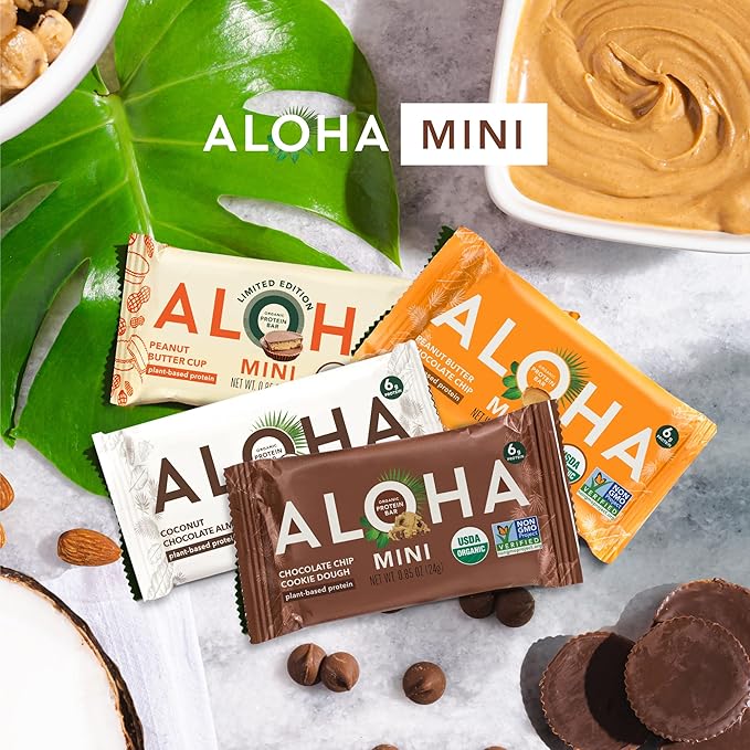ALOHA Organic Plant Based Protein Bar MINIS |Chocolate Chip Cookie Dough| 20 Count 24g Bars | Vegan Low Sugar Gluten Free Paleo Low Carb Non-GMO Stevia Free Soy Free No Sugar Alcohols