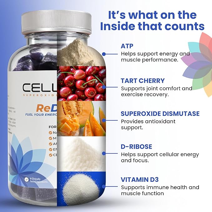 Cellev8 ReDrive Performance Gummies - 60 Count - Antioxidant Cellular Muscle Recovery Endurance Stamina Daily Energy Supplements for Men &amp Women with SOD Vitamin D3 - Raspberry Flavor