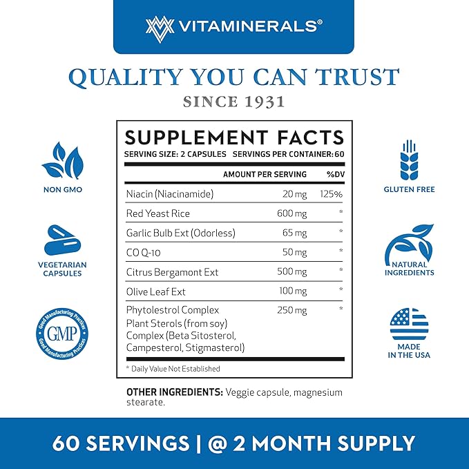 Vitaminerals® 125 Cholesterol Health Aid Plus | Niacin | CoQ10 | Garlic | Phytolestrol Complex | 120 Vegetable Capsules