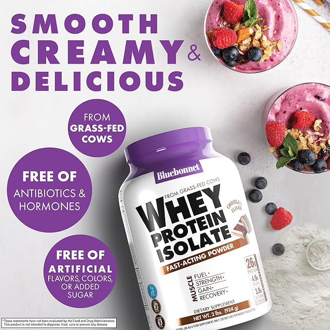 Bluebonnet Grass Fed Whey Protein Isolate 26 g Energy &amp Workout Recovery BCAA Amino Acids - Gluten-Free Non-GMO Soy-Free Chocolate Protein Powder for Women &amp Men - 28 Servings