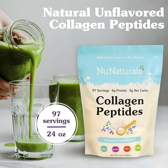 Nunaturals Collagen Peptides Powder (Type I III) for Skin Hair and Nail 24oz (Pack of 2)