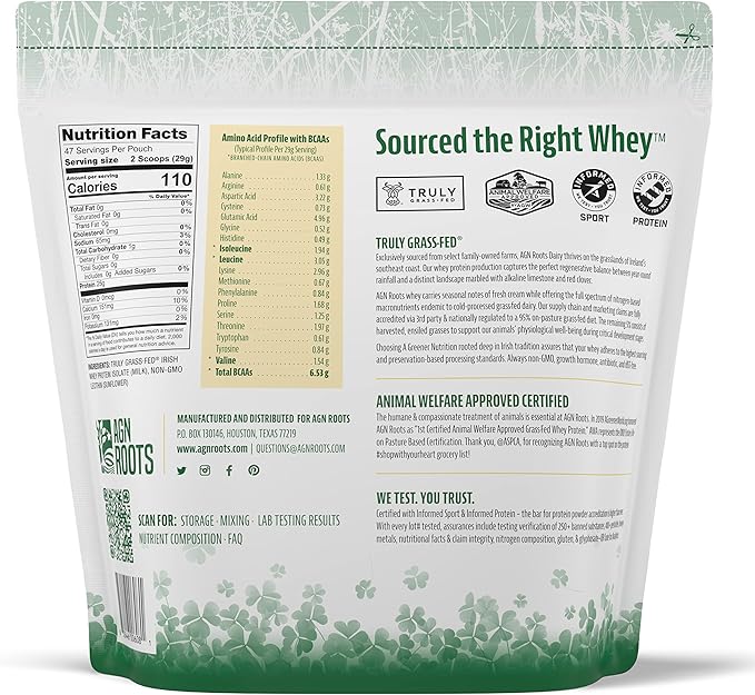 AGN Roots Grass Fed Whey Protein Powder Isolate - Unflavored - Unsweetened - Certified Entire Life On Pasture - A Greener World - ASPCA Registered Brand List - Informed-Sport - 3lbs