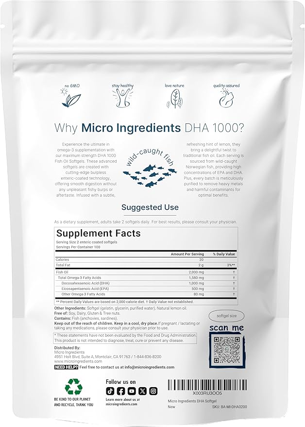 Omega 3 Fish Oil DHA Supplements 1000mg with EPA 500mg 200 Softgels – Lemon Flavored Burpless (Enteric Coated) | Deep Sea Fresh Fish Wild Caught from Norwegian Waters | Mercury Free