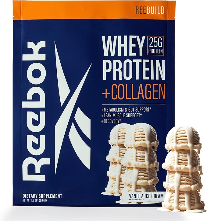 Reebok Whey Protein Powder + Collagen Peptides | 25g Protein with 9 Essential Amino Acids | Muscle Recovery Joint &amp Gut Support | Informed-Sport Certified | REEbuild Vanilla Ice Cream Flavor 1.3