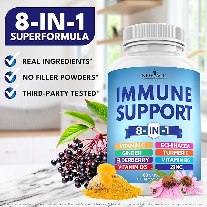 8 in 1 Immune Support Booster Supplement with Echinacea Vitamin C and Zinc 50mg Vitamin D 5000 IU Turmeric Curcumin &amp Ginger B6 Elderberry (8 in 1 Capsules (Pack of 5))
