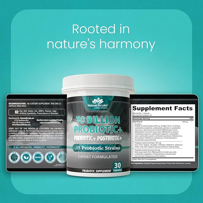 NaturaLife Labs Probiotics 70 Billion CFU – 15 Strains with Organic Prebiotic &amp Postbiotic – 3-in-1 Formula – 30 Vegan Capsules