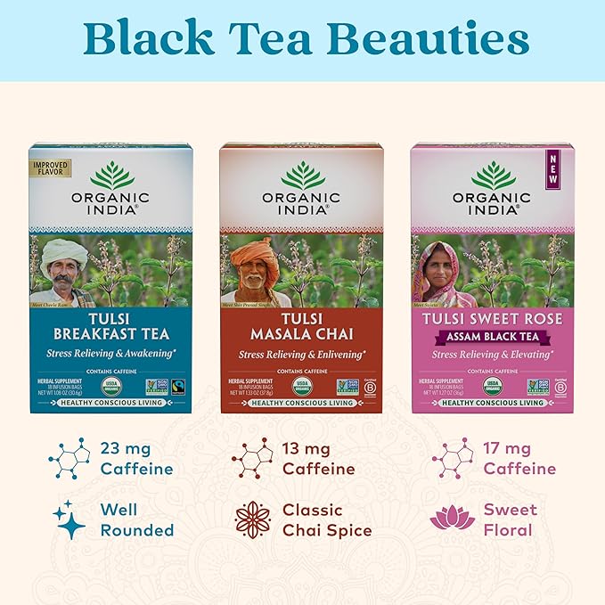 ORGANIC INDIA Tulsi Breakfast Herbal Tea - Black Tea Holy Basil Relieve Stress &amp Energize USDA Organic Non-GMO Caffeinated - 18 Bags 3 Pack