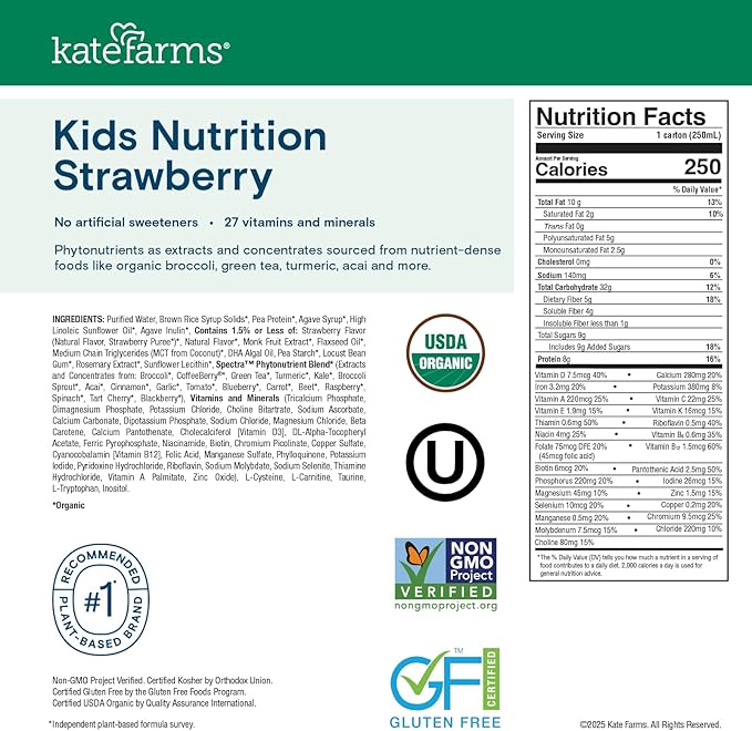KATE FARMS Organic Kids Nutrition Strawberry Shake 8g Protein 27 Vitamins and Minerals Meal Replacement Gluten Free Non-GMO 8.45 oz (6 Pack)