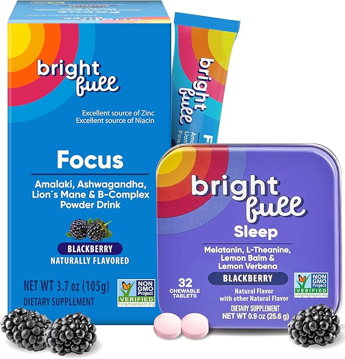 Focus Sugar Free Drink Mix with Ashwagandha Lion’s Mane &amp B Vitamins BlackBerry 21 Day Supply Sleep Aid with Melatonin &amp Herbs Cherry 32 Chewable Tablets